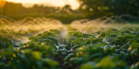 Eco-friendly irrigation sprinklers support sustainable farming and vibrant crops. Concept Sustainable Agriculture, Irrigation Systems, Eco-friendly Farming, Crop Health, Water Conservation