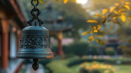Temple bell hanging in a tranquil courtyard aged metal and detailed carvings in focus