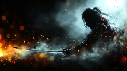 Abstract ink drawing of a samurai. Japanese style art.