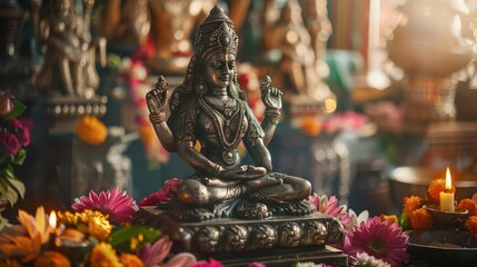 Fototapeta premium Statuette of deity placed on a reverent altar intricate designs and religious significance