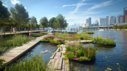 An urban waterfront redesigned with floating gardens and pedestrian-friendly boardwalks. © UMAR SALAM