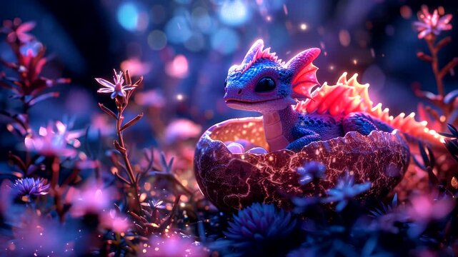 Adorable baby dragon hatching in a magical forest, surrounded by glowing flowers. Fantasy and wonder concept