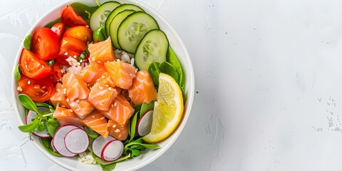 Salmon salad and vegetable keto lunch bowl captured from above. Concept Keto Lunch Bowl, Salmon Salad, Vegetable Medley, Food Photography, Overhead Shot