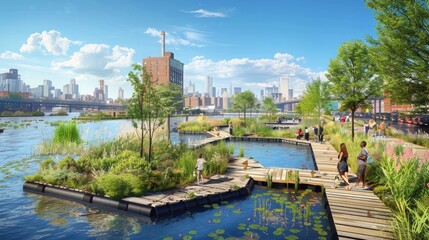 An urban waterfront redesigned with floating gardens and pedestrian-friendly boardwalks.