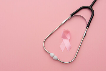 Breast Cancer Awareness, pink ribbon and Stethoscope on Pink Background