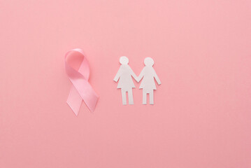 pink ribbon and paper women's silhouettes on pink pastel background with copy space, breast cancer awareness concept