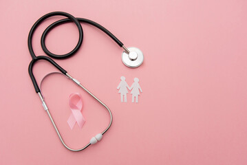 Breast cancer awareness pink ribbon ,stethoscope and paper cut out women figures on pink background with copy space