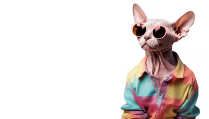 Cool sphynx cat wearing colorful sunglasses and a trendy hoodie isolate on transparent background, cutout, png