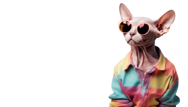 Cool sphynx cat wearing colorful sunglasses and a trendy hoodie isolate on transparent background, cutout, png