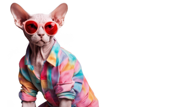 Stylish Sphynx cat wearing red sunglasses and a colorful shirt isolate on transparent background, cutout, png