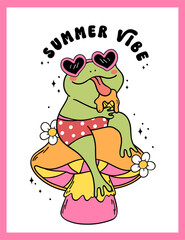 Fototapeta premium Groovy Retro Summer Frog with ice cream and mushroom cartoon character Summer vibe drawing doodle