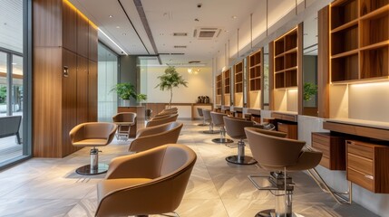 contemporary hair salon with sleek wooden stations and a stylish, modern feel