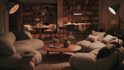 A cozy and stylish modern home interior with warm lighting and a comfortable ambiance.