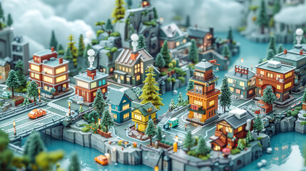 Fototapeta premium Pixel Art Scandinavian Town Isometric View