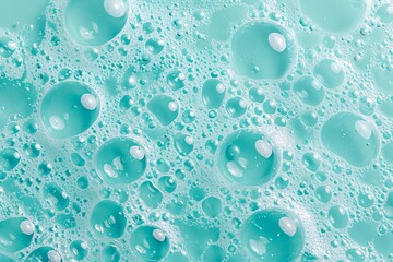 White soap foam with bubbles texture on blue background. Detergent foam bubble on water, soap sud. Face cleansing mousse smudge, shower gel, hair shampoo foam smear texture. Beauty, clean and laundry 