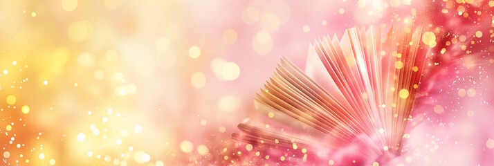 Open book on a pink-yellow background with sparkling lights, concept of festivity and dreams