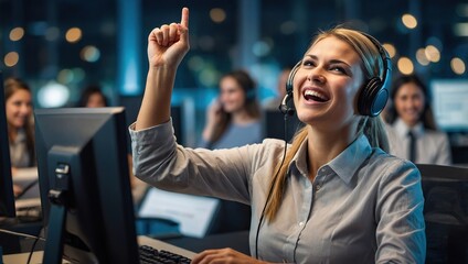 Excited, success woman in call center to celebrate winning or goal achievement on computer. Yes, victory or happy telemarketing consultant fist pump for bonus deal, sale or customer service prize