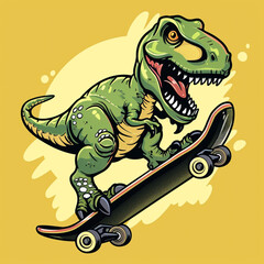 Fototapeta premium Cartoon of a t-rex riding a skateboard happily. Plain color background