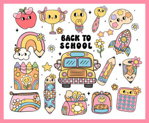 Cute Retro back to school Groovy pastel school supplies elements cartoon doodle drawing collection