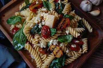 Delicious and colorful fusilli pasta salad with cherry tomato, roasted pepper, spinach, and feta cheese. Fresh and healthy meal option.