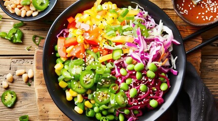 Top view of a colorful, fresh vegetable bowl with sesame seeds on a wooden table, perfect for a healthy, vibrant, and nutritious meal concept.