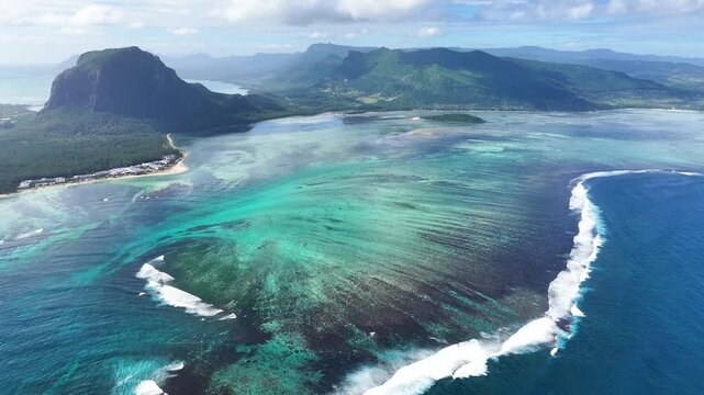 Underwater Waterfall At Le Morne Beach Mauritius Island Mauritius. Aerial Beach Le Morne Beach Mauritius Island. Coast Horizon Seaside Summertime. Coast Outside Seaside Beach Travel.