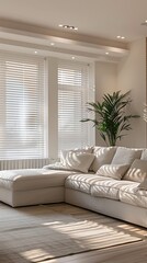 Fototapeta premium Sunlit Living Room with Modern Decor and Cozy Sofa - A bright living room with large windows, white blinds, a modern sectional sofa, and a lush green plant, bathed in natural sunlight.