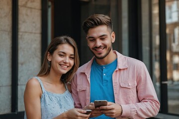 Young happy couple two friends family man woman wear pink blue casual clothes together hold in hand use looking at mobile cell phone