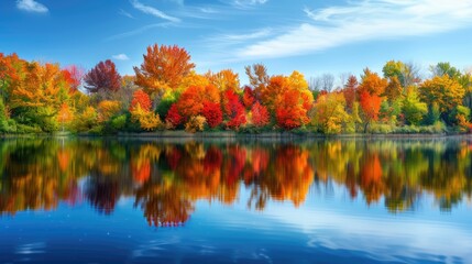 Obraz premium A colorful autumn landscape with vibrant fall foliage reflected in a calm lake