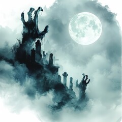 Night of the Living Dead - Spooky Zombie Rising from Graveyard under Full Moon | Copy Space for Halloween Horror Concept