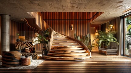 designer home with a staircase clad in exotic zebrawood, making a bold statement with its striking stripes
