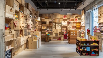 designer toy store with playful wall cladding made from various types of wood, each section telling a different story
