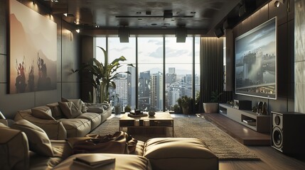 Fototapeta premium Modern luxurious living room with city view, contemporary interior design concept