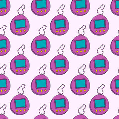 Retro seamless pattern set with purple tamagotchi. Cute vintage background. 90s video games design. Vector flat illustration.