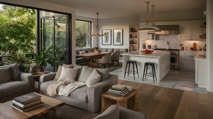 A cozy modern home decorated with a blend of minimalist and rustic elements. The living room features a plush grey couch, a woodencoffee table with a stack of books.