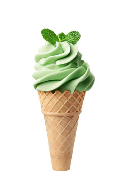 Mint ice cream cone isolated on transparent background, png