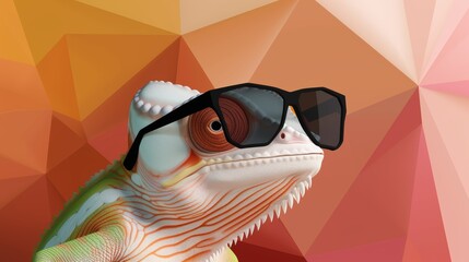 Abstract chameleon in sunglasses, minimalist vector art, solid color backdrop, faceted digital design, wide panoramic format
