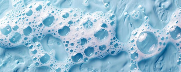 White soap foam with bubbles texture on blue background. Detergent foam bubble on water, soap sud. Face cleansing mousse smudge, shower gel, hair shampoo foam smear texture. Beauty, clean and laundry 