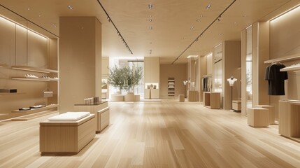high-end fashion boutique with light wood floors and clean, minimalist lines