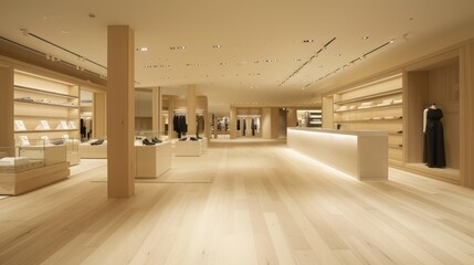 high-end fashion boutique with light wood floors and clean, minimalist lines