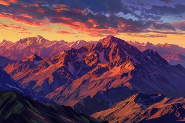 Obraz premium Stunning sunrise over mountain range with vibrant colors in the sky and rugged peaks. Perfect for nature, travel, and adventure themes.