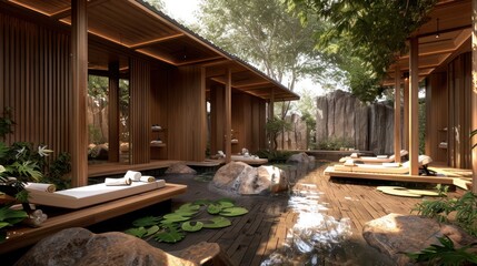 Obraz premium high-end spa with wooden treatment rooms and a peaceful, natural setting