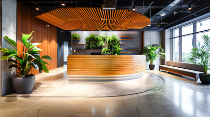 Fototapeta premium A panoramic view of a modern office lobby with stylish furniture, indoor plants, and a reception desk