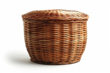 The photo shows a brown wicker basket with a lid. The basket is empty and sitting on a white background.