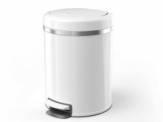A white metal trash can with a silver lid and a foot pedal, white background