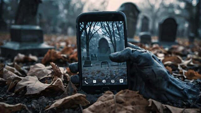 A skeletal hand holding a smartphone emerges from the ground in a graveyard. Halloween concept