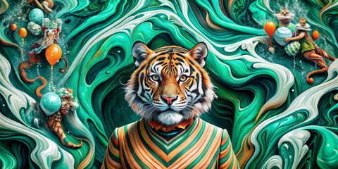 In the center stands a tiger with a humanoid body wearing a striped shirt, surrounded by swirling green and white patterns. Various whimsical creatures and objects line up in the background.AI generat