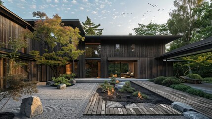 home exterior with a mix of charred wood cladding techniques, showcasing a modern approach to traditional Japanese shou sugi ban