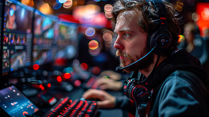 Fototapeta premium Man Playing Games on Desktop PC in Cyber Games Arena