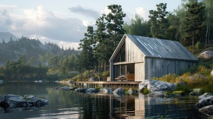 Fototapeta premium lakeside cabin with exterior cladding made from silvered wood, aging naturally and blending into the serene landscape